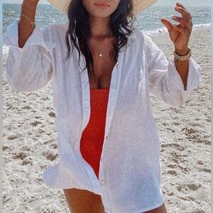 Salty Lemon Swim Cover Boyfriend Button-Down Shirt White NWT Size Medium